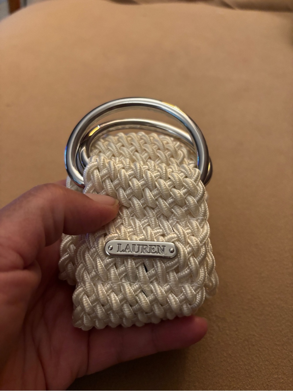Lauren Ralph Lauren Cream Woven Belt with Double Ring Buckle - Picture 5 of 5